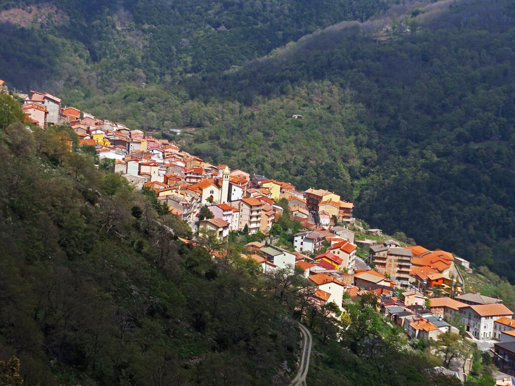 Desulo visto dall'alto, arroccato sul pendio boscoso del Gennargentu