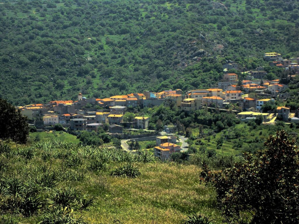 Il paese di Oniferi ai piedi di una collina verde
