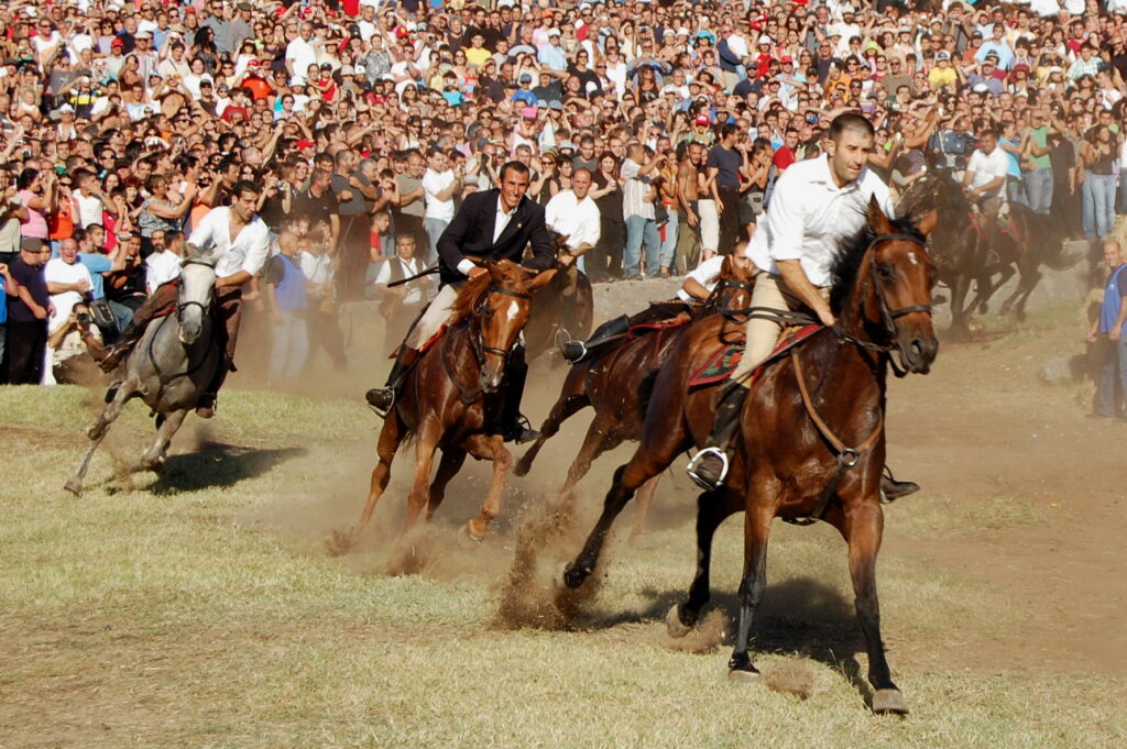 Cavalieri lanciati al galoppo davanti alla folla durante S'Ardia di Sedilo