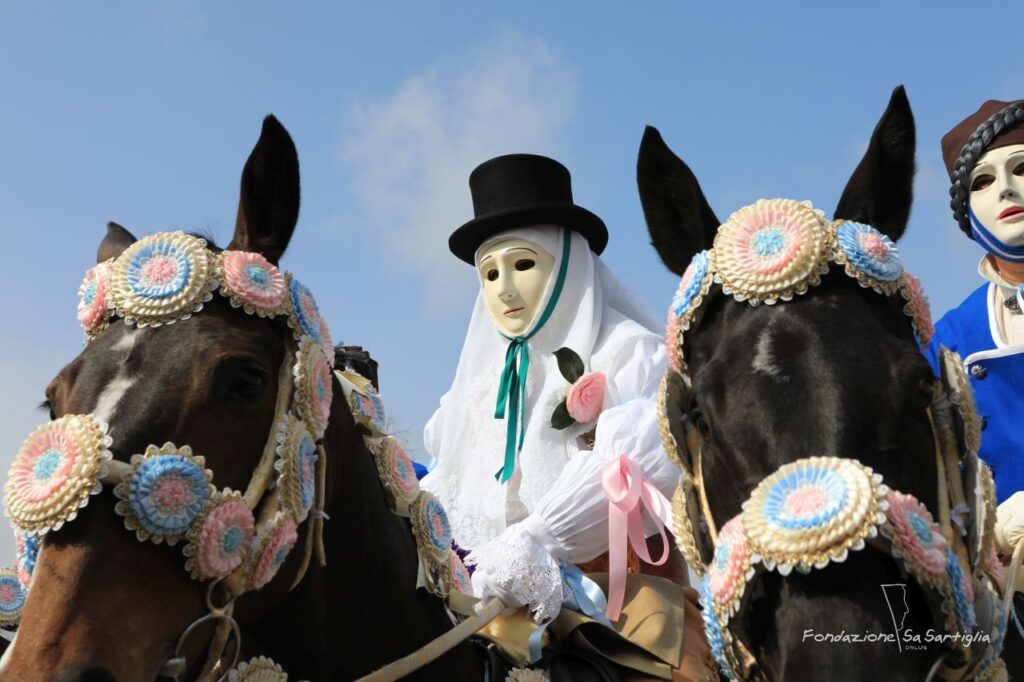 Su Componidori, masked and on horseback, during the Sartiglia of Oristano